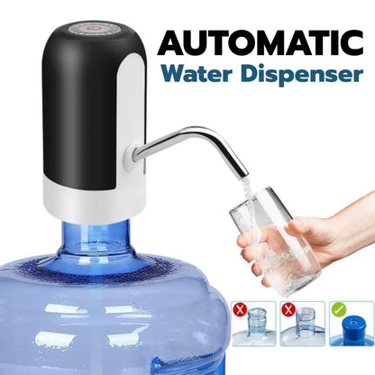 Automatic water dispenser with a hand holding a glass and a large blue water bottle.